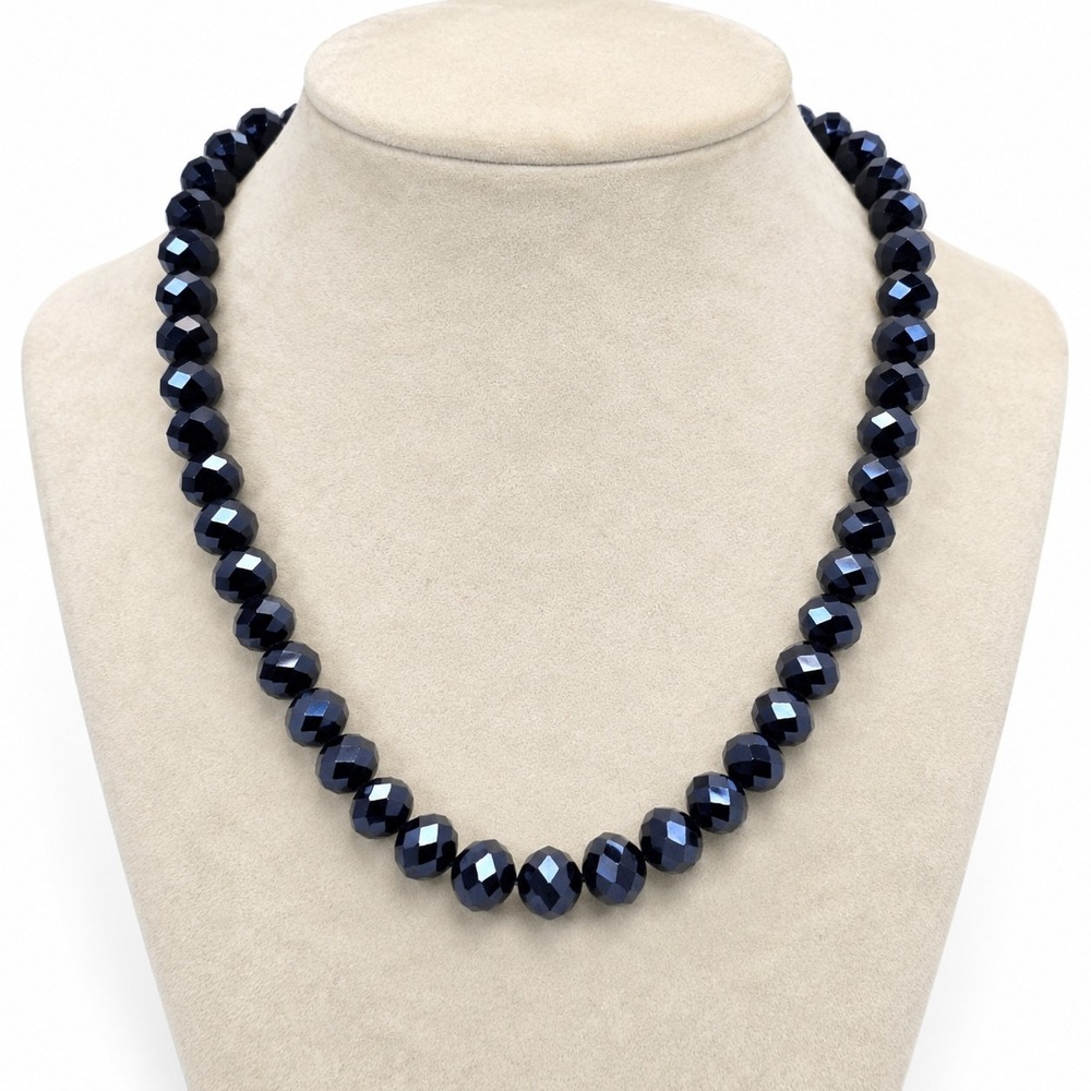 Navy Blue Faceted Bead Necklace Graduated Statement Jewelry Magnetic Clasp - Picture 2 of 12